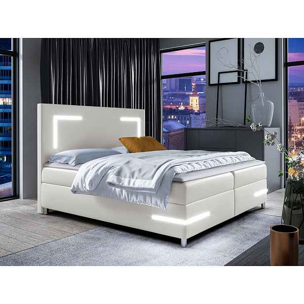 Boxspringová manželská postel 200x200 MADENA - bílá ekokůže + topper a LED osvětlení ZDARMA