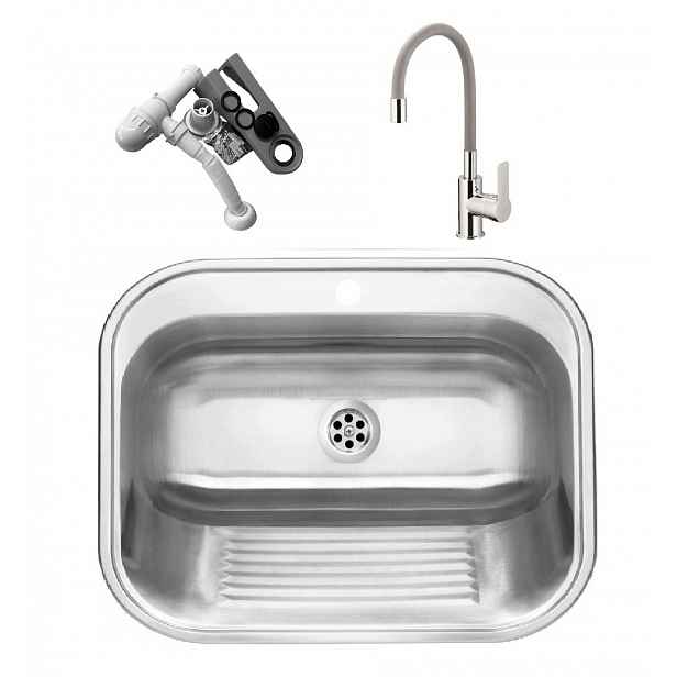 Set Hospodářská Komora 65 CM S Poličkou Baterie Šedá Ocel Přepad Mat