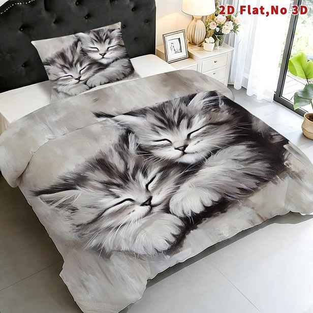 TEMU 2D Plochý 2/3ks Povlečení s Kočičkami na Spaní Queen King Full Velikosti Pohodlné Dekorační Ložní Prádlo Elegantní Povlečení a Stylový Design