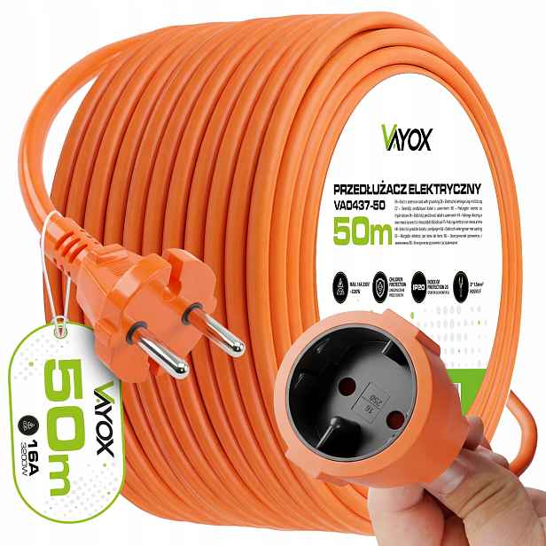 Prodlužovací Kabel 50 M Zahradní Silný Gumový Kabel 1 Zásuvka 2x1,5 Vayox