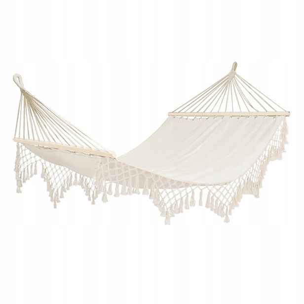 Zahradní houpací síť na rámu, pevná, s třásněmi Boho, béžová, krémová, pohodlná