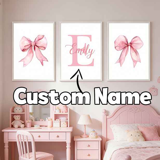 TEMU 3dílný Zástěna s růžovou mašlí a jménem na míru | Personalizovaná dekorace s iniciálami pro holky, Plátno s srdce, růže a mašle, Útulná dětská