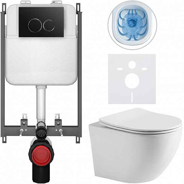 Kompletní WC set Basic/Cesso - bílá lesklá - WC tlačítko Dualo/Černá - pro zazdění - 49x36 cm - 8050BD85931