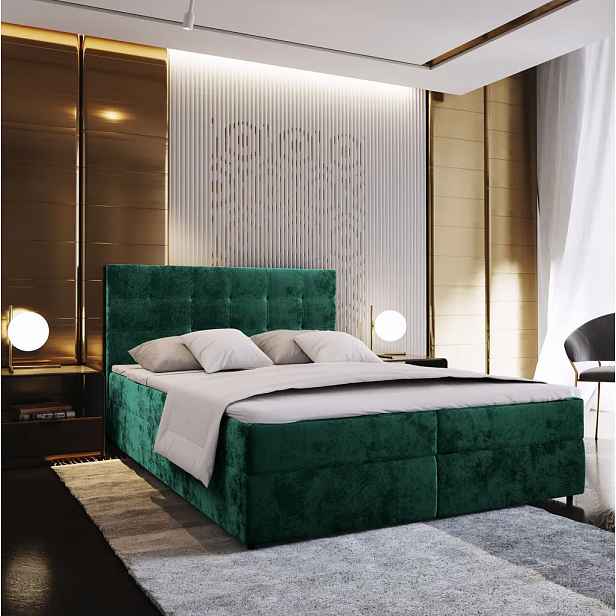 AKCE Čalouněná postel boxspring GLORIEN VELVET 160x200 cm tmavě zelená II. jakost