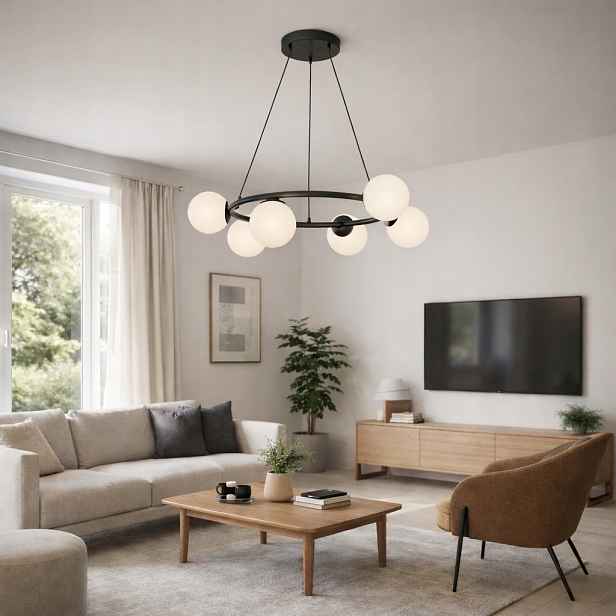 Závěsná lampa lustr Ring 6 černá 6xE27 bílé koule do obývacího pokoje Výrobce