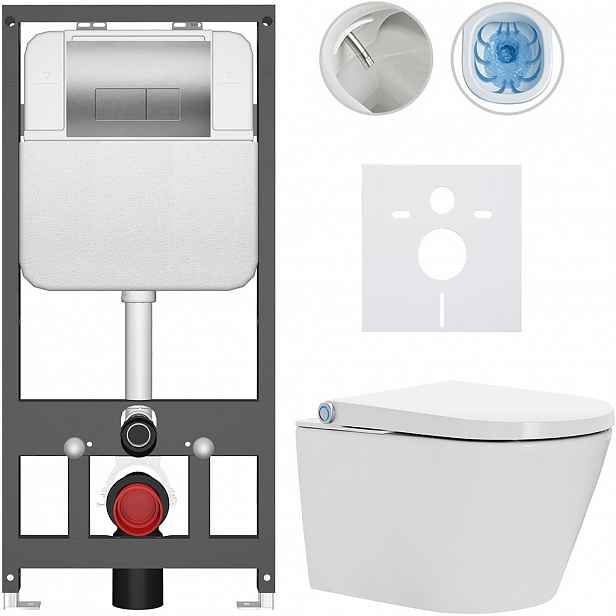 Závěsné WC s bidetem Basic/Cronus Standard - bílá lesklá - WC tlačítko Modulo/Stříbrná - závěsné - předstěnová instalace - 59,3x38,4 cm
