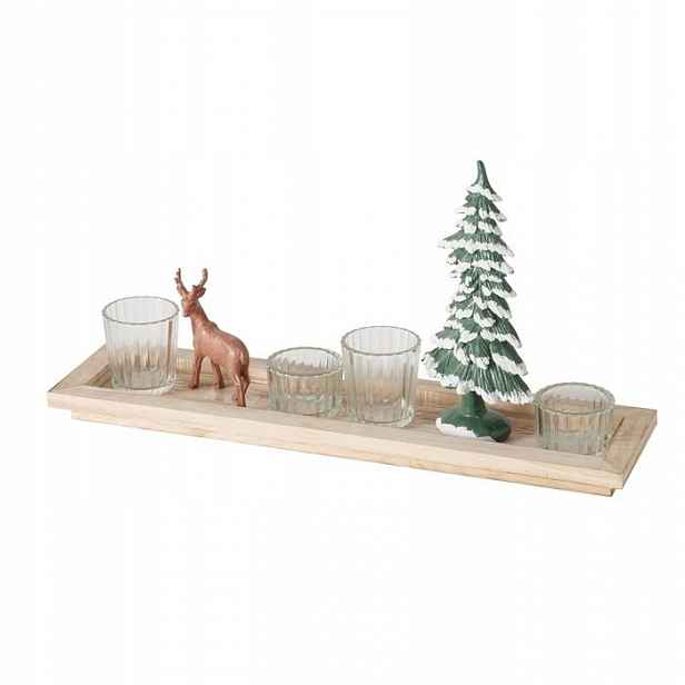 Dekorační tác s vánočními figurkagmi a svíčny, délka 42 cm