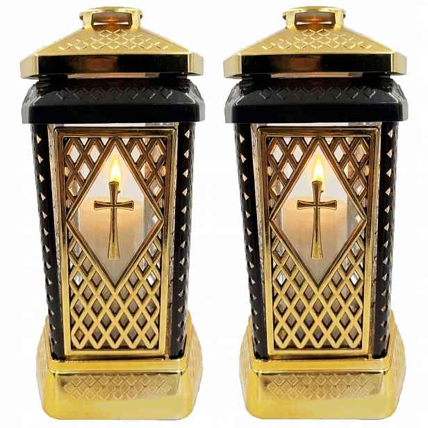 2x Hřbitovní Svíčka Velký Skleněný Ozdobný Na Hrob Lampion Zlatý Glamour Vložka