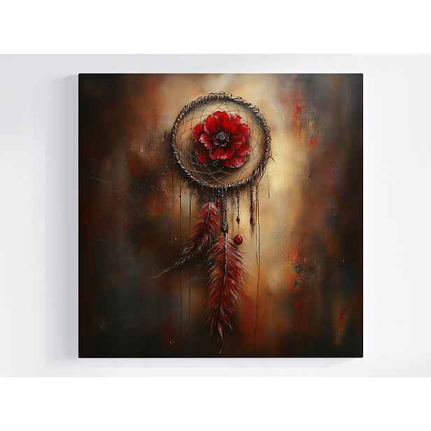 Obraz Na Plátně Canvas Lapač Snů Červený Květ Peří Boho 50x50
