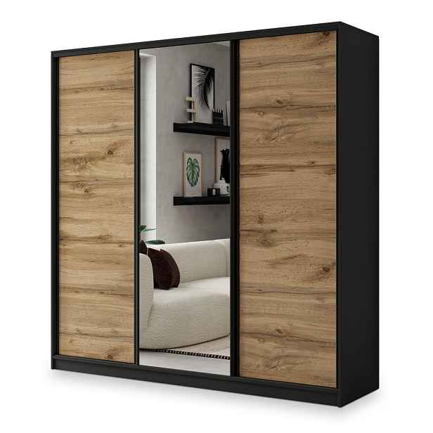 MASSENO ŠATNÍ SKŘÍŇ S POSUVNÝMI DVEŘMI SORE, 180/205/58 cm 3dveřová se zrcadlem a zásuvkami, černá /, dub Wotan