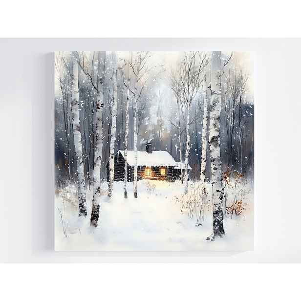 Obraz Na Plátně Canvas Chatka V Lese Zima Sníh Břízy Akvarel 50x50