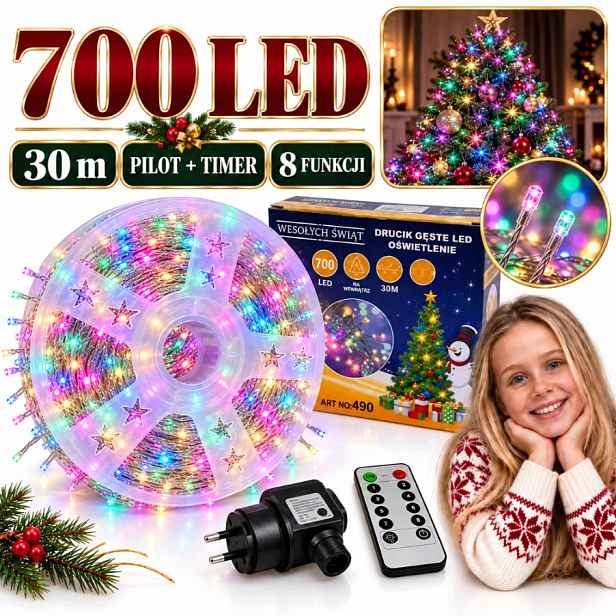 Vánoční Osvětlení Na Stromeček 700 Led 30 M Multicolor Na Drátku Pilot Časovač 8 Funkcí