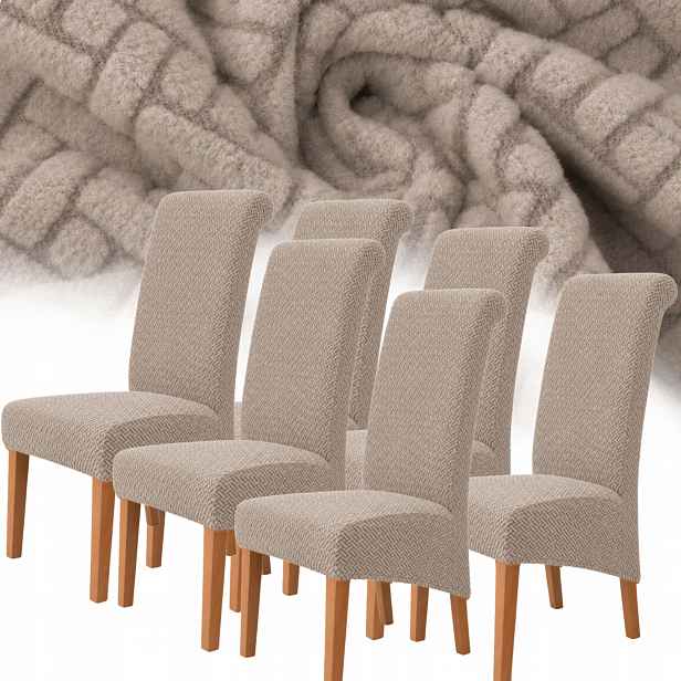 Potah Na Židli XXL Žakárová Jedlička 6 Ks Elastický Oeko-tex Béžový