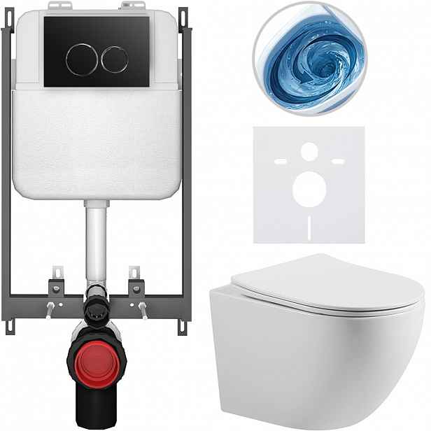 Kompletní WC set Basic/Cesso - bílá lesklá - WC tlačítko Dualo/Černá - pro zazdění - 49x36 cm - 8050BD85976