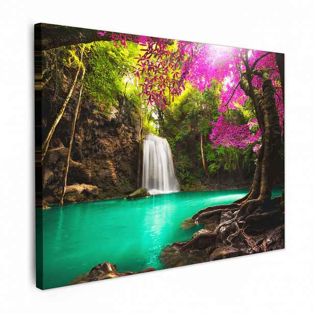 MuchoWow OBRAZ NA PLÁTNĚ Vodopád s barevnými květy a stromy - Příroda - Džungle 80x60 cm
