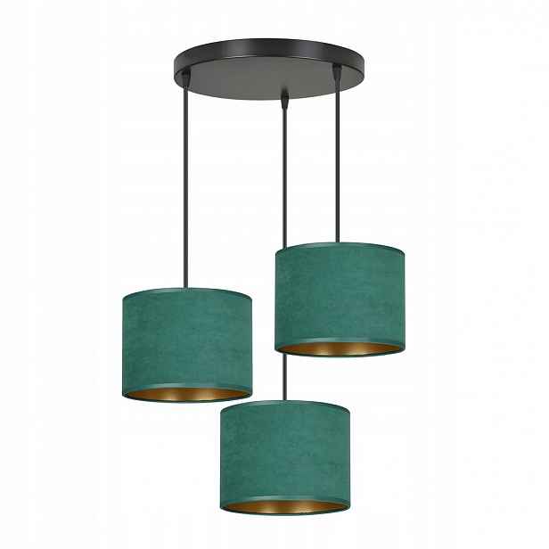 Závěsná lampa Hilde 3-bodová, zelené stínidla z veluru, zlatý interiér