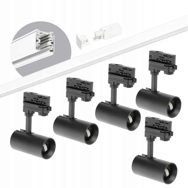 3-fázová kolejnicová sada bílá 2 m, 5 x lampa Černá, kompletní sada