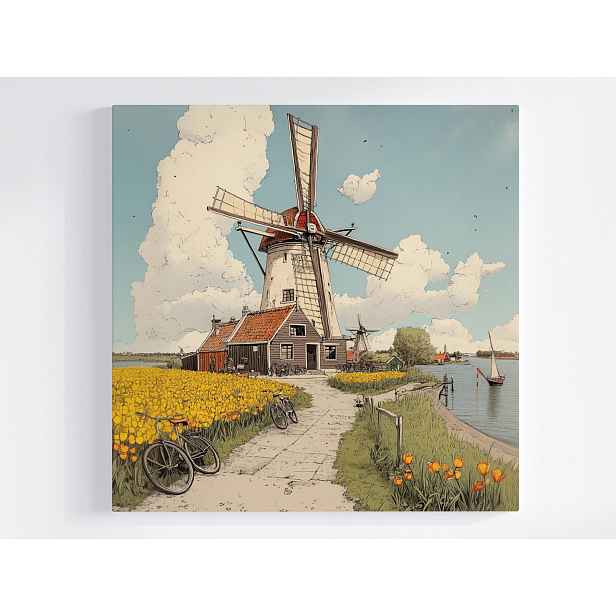Obraz Na Plátně Canvas Krajina Nizozemsko Vesnice Ventilátor Kolo Tulipány 50x50