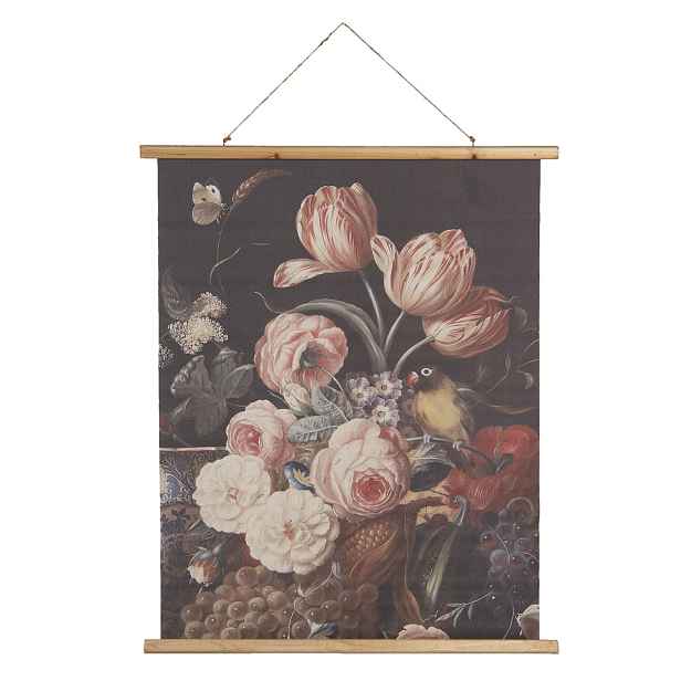 Závěsný textilní obraz květinové zátiší s ptáčkem v retro stylu - 80*2*100 cm Clayre & Eef