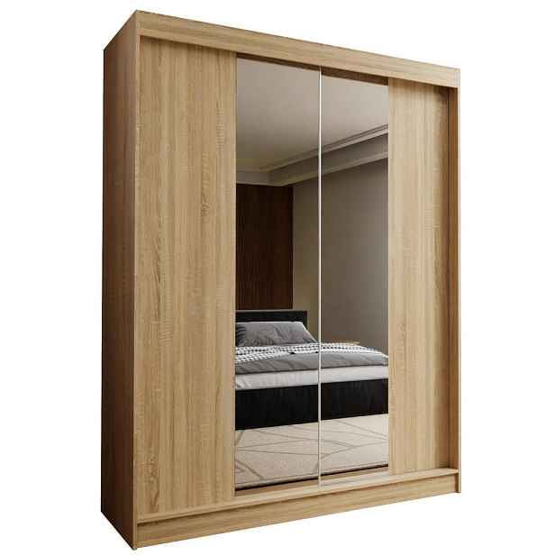 MASSENO ŠATNÍ SKŘÍŇ S POSUVNÝMI DVEŘMI LUCENZA, 150/216/61 cm 2dveřová se zrcadlem, dub Sonoma