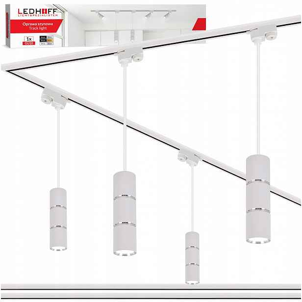Kolejnicová lišta 2 m 4x Led závěsná lampa Tuba GU10 Bílá Stříbrná objímka