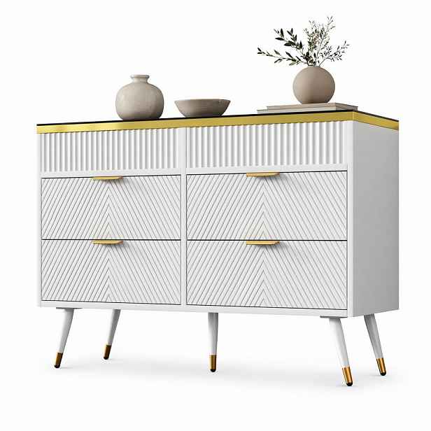 STILVORA KOMODA bílá, jantarové sklo, zásuvky, do obývacího pokoje a ložnice, 120×40×76 cm