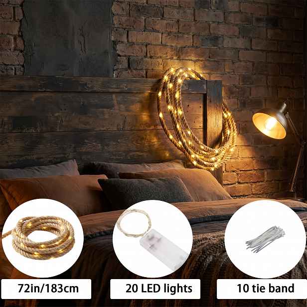 TEMU 183Cm silné jutové s 20 LED světelnými řetězy, obsahuje 10 ks vázacích pásků, teplá bílá vnitřní dekorativní světelná řetěz vhodná pro domácí