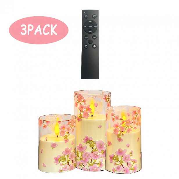 TEMU 3ks LED svíčky ve tvaru sloupku bez plamene s třešňových květů, na baterie (baterie nejsou součástí) — Včetně velkého dálkového ovladače,