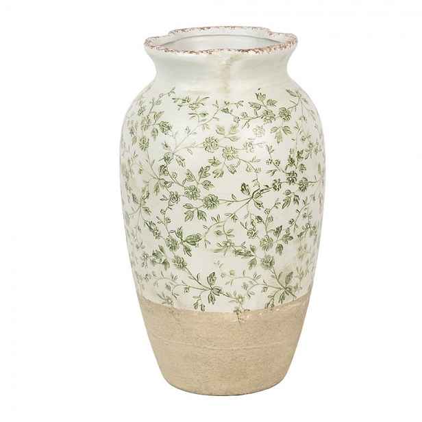 Béžová keramická váza se zelenými květy Jenia L - Ø 21*37 cm  Clayre & Eef
