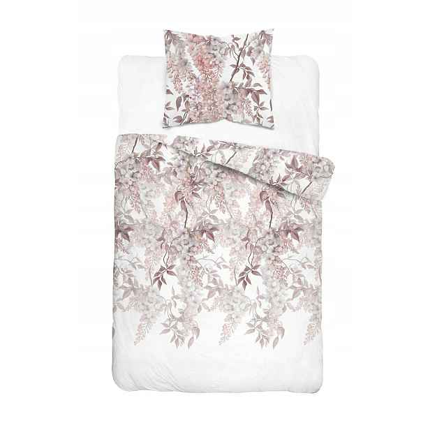 Povlečení saténové 140x200 bílé s růžovo-pudrovými květy Botanica Satin