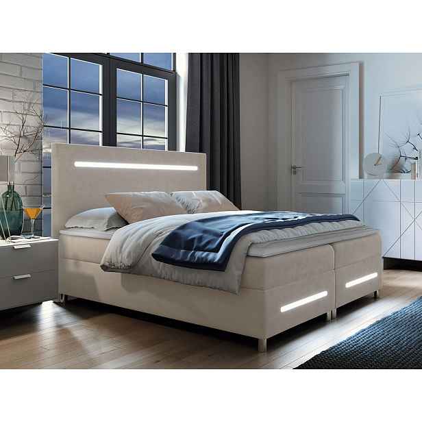 Boxspringová manželská postel 140x200 MARIELA - béžová + topper a LED osvětlení ZDARMA