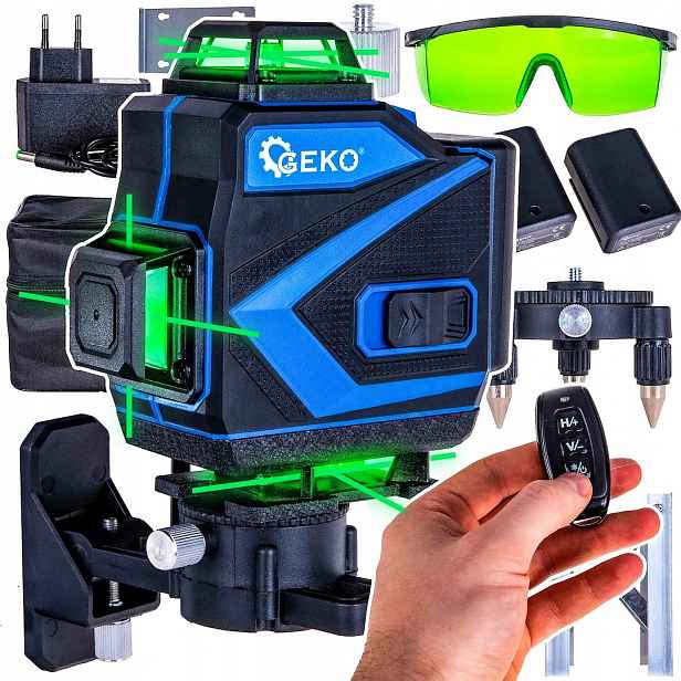 Křížový laser Geko G03307 zelený 40m 360° 4D 2x3,7V příslušenství taška