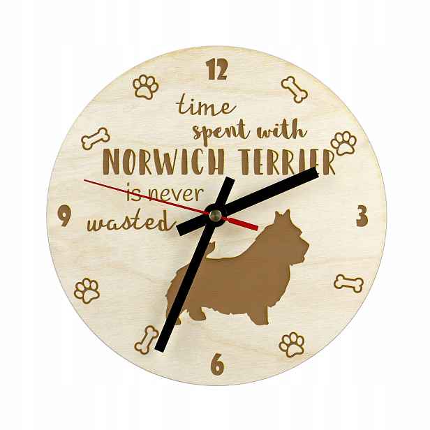 Norský teriér s gravírovaným hodinami a psem, průměr 30 cm, jméno psa