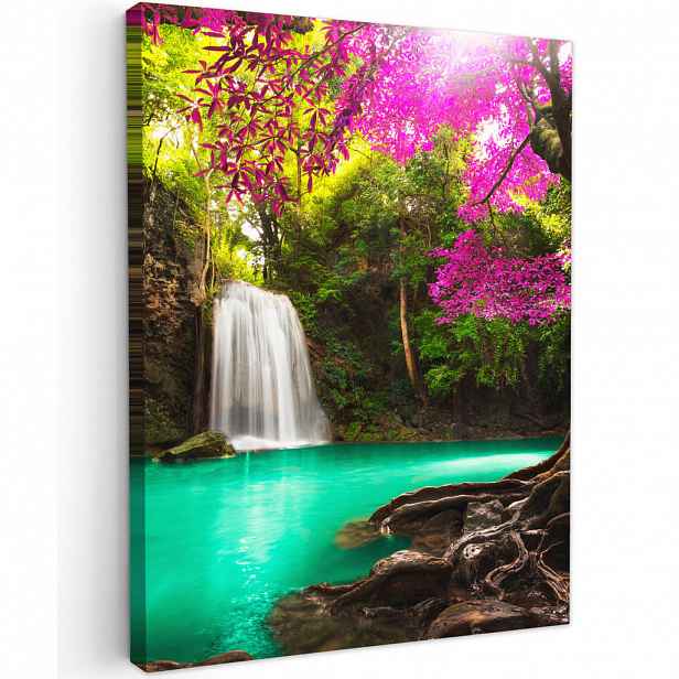 MuchoWow OBRAZ NA PLÁTNĚ Vodopád s barevnými květy a stromy - Příroda - Džungle 60x80 cm