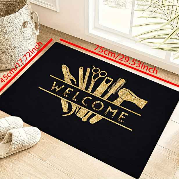 TEMU [Produkt] [ a 1 cm silný houbový materiál] Zábavná rohožka | Zlatá kadeřnická rohožka s potiskem uvítacího vzoru, vhodná do ložnice, kuchyně,