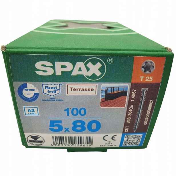 Spax Terasové vruty nerezové 5x80 mm 100 Ks Stříbro-Inox