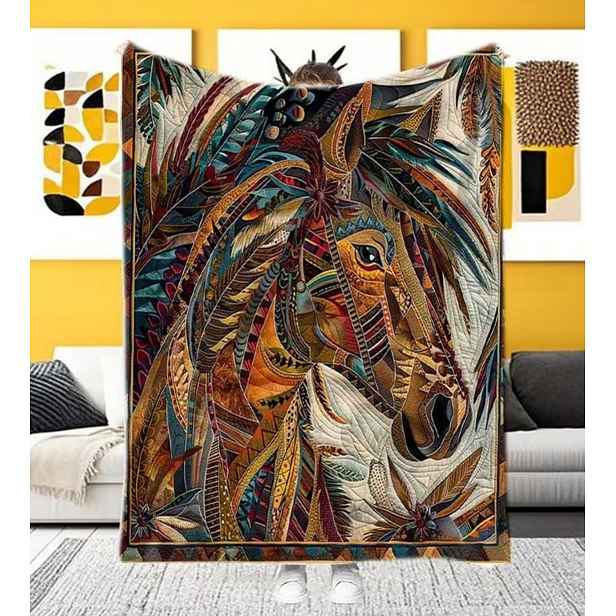Deka přehoz Kůň Koně rostliny Boho Art jako patchwork dárek 150 x 200 cm