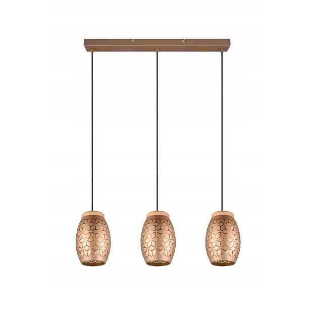 Závěsná lampa hnědá trojitá s dřevěným povrchem nad stůl Rl