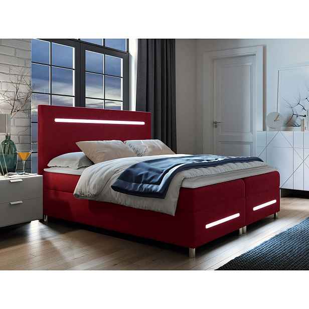 Boxspringová manželská postel 140x200 MARIELA - červená + topper a LED osvětlení ZDARMA