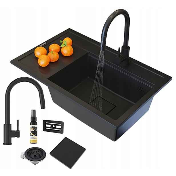 Dřez Dřez Černá Kuchyňská Baterie Moderní Set Rendo Pravá Komora
