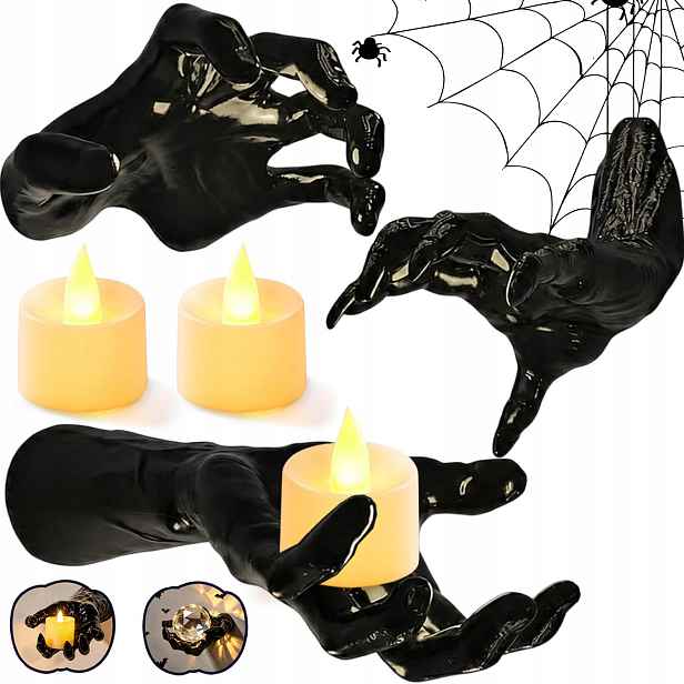 Halloweenská Dekorace: Sada 3 Nástěnných Rukou Se 3 Svíčkami Na Zeď A Dveře