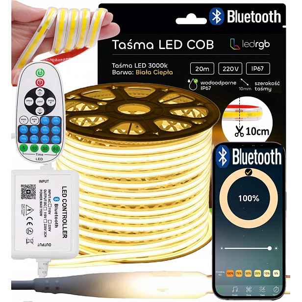 Set Led Pásek Cob 20 m 230 V Bílý Teplý 3000 K Řezaný Každých 10 CM Bluetooth