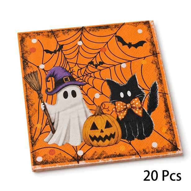 TEMU 20/40/60 ks Halloweenské papírové ubrousky, design dýně a černé kočky, 6,5palcové ubrousky pro dekoraci párty stolu, výstavu v baru a pekárně