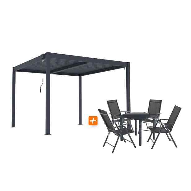 ZAHRADNÍ KOMBO bioklimatická pergola s lamelami BestBerg BBP-9G + Zahradní jídelní set 4+1 BestBerg BBGF-62BK