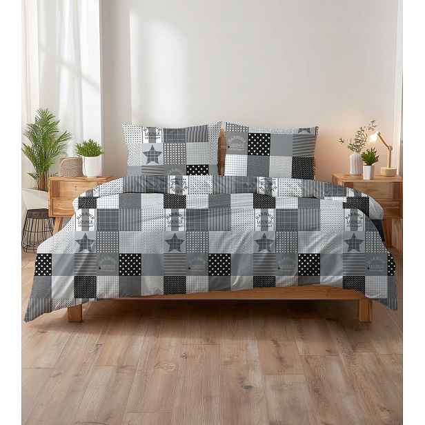 Krepové povlečení 140x200 černo-bílé patchwork s hvězdami a kostkou Kora Home