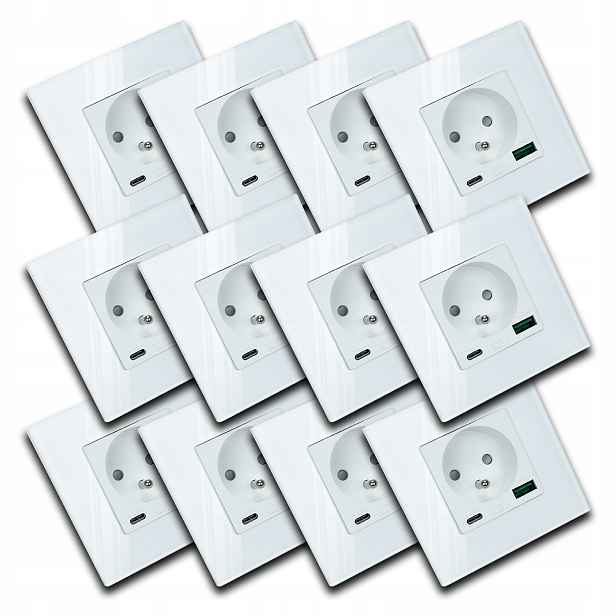 12 x Moderní Bílé Elektrické Zásuvky Sklo S Vestavěnou Usb Nabíječkou