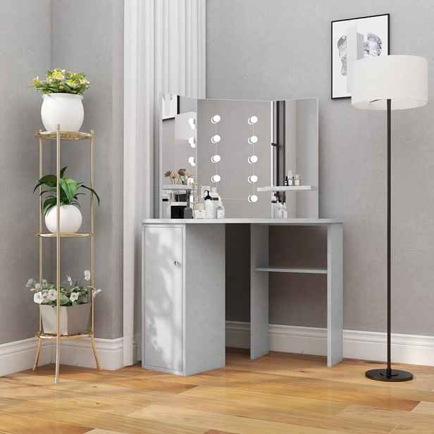 Rohový toaletní stolek s LED šedá