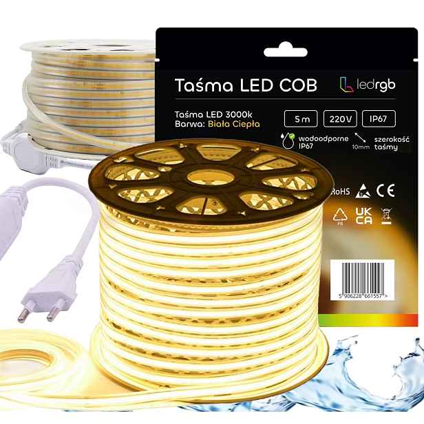 Set Led pásek Neon Cob 220V 230V 5m 3000K Bílý Teplý Napájecí Zdroj IP67