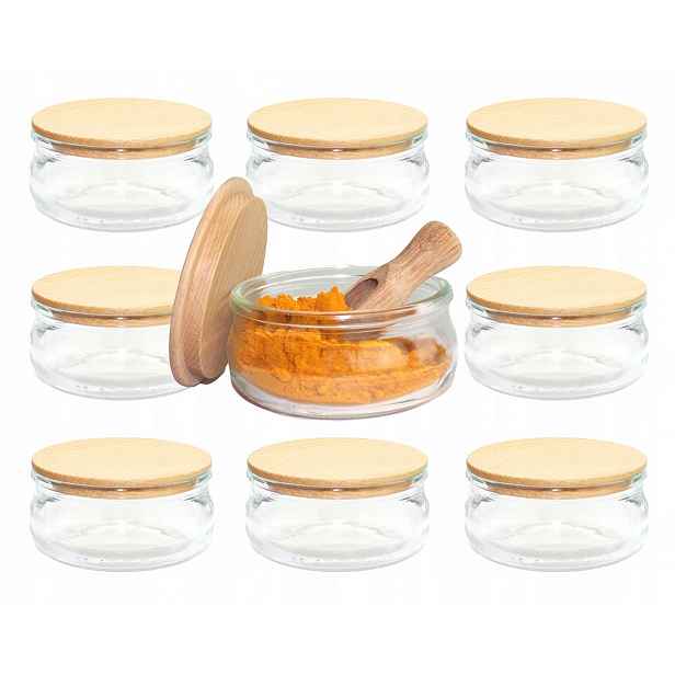 9 x Nádoby na koření elegantní sklo 210 ml dřevěné víko