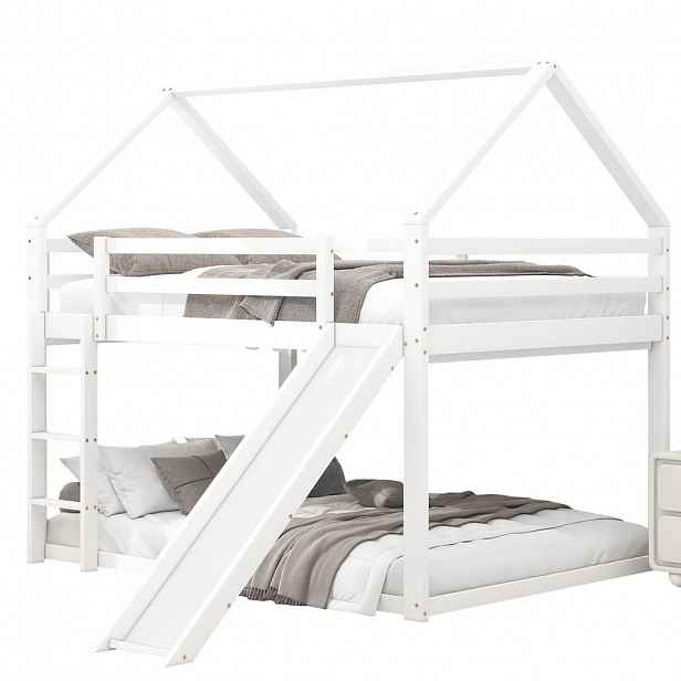 OKWISH PATROVÁ postel s domečkem 140/200 cm bílá z borovice a MDF se skluzavkou a žebříkem